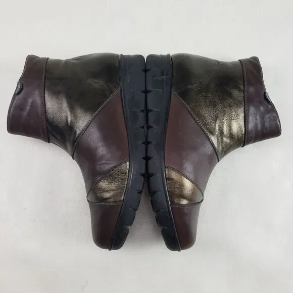 Onfoot Leather Ankle Wedge Boot Womens 6.5 EU 37 Brown & Gold Side Zip Spain